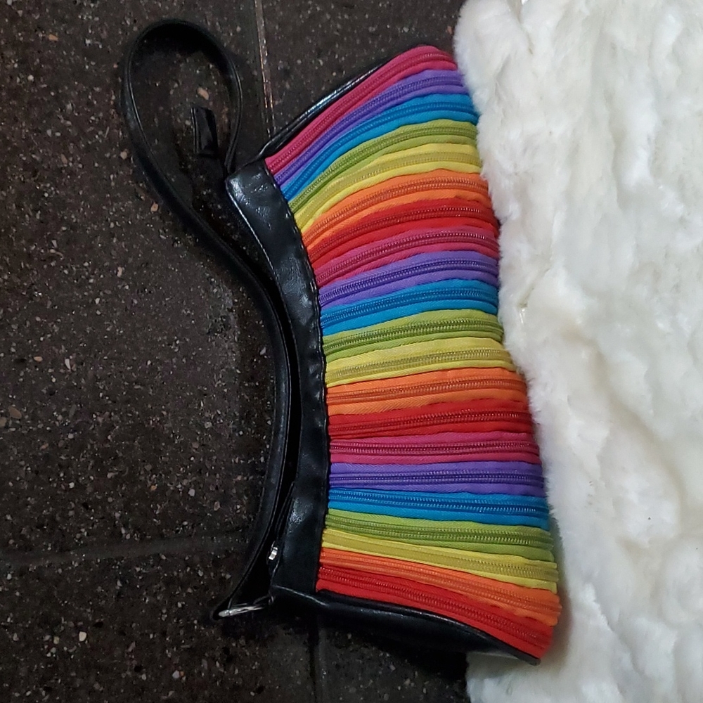 RAINBOW ZIPPERS EVENING BAG WITH BLACK PATENT TRIM- 5 1/2 x 12 (bottom)
